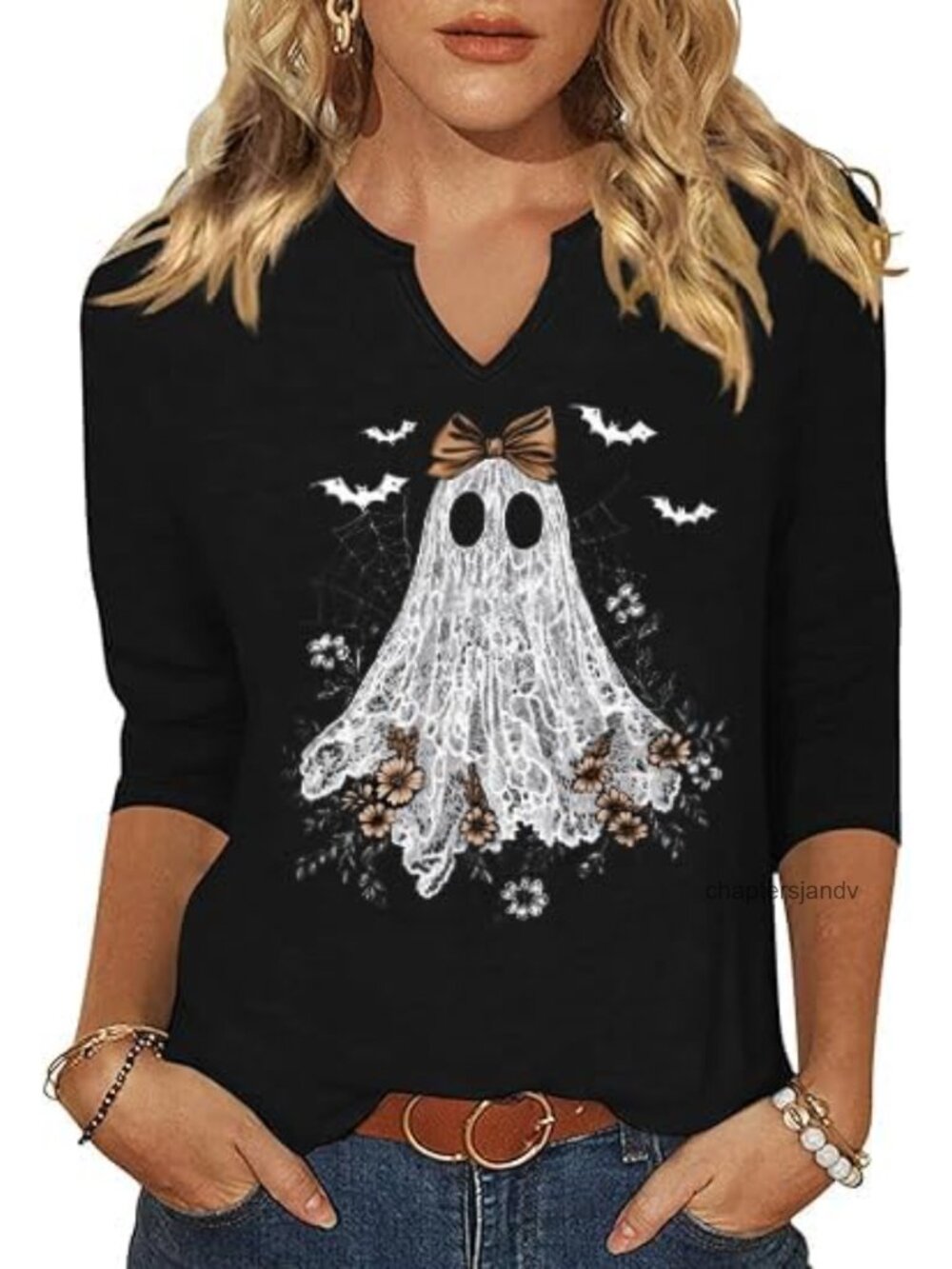 Women's 3/4 Sleeve V Neck Fall Shirt Cute Ghost Pumpkin Coffee Graphic Blouse